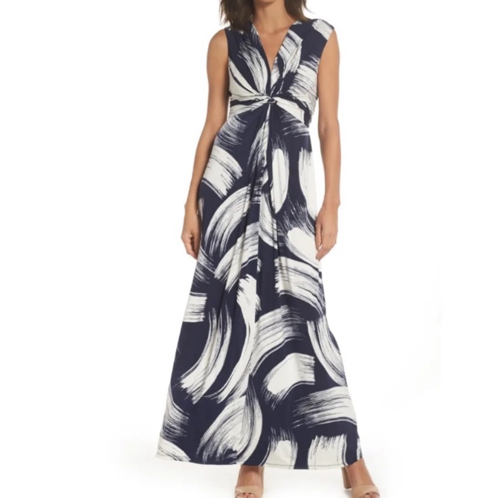 Eliza J Brush Stroke Navy Knot Front Maxi Dress 6